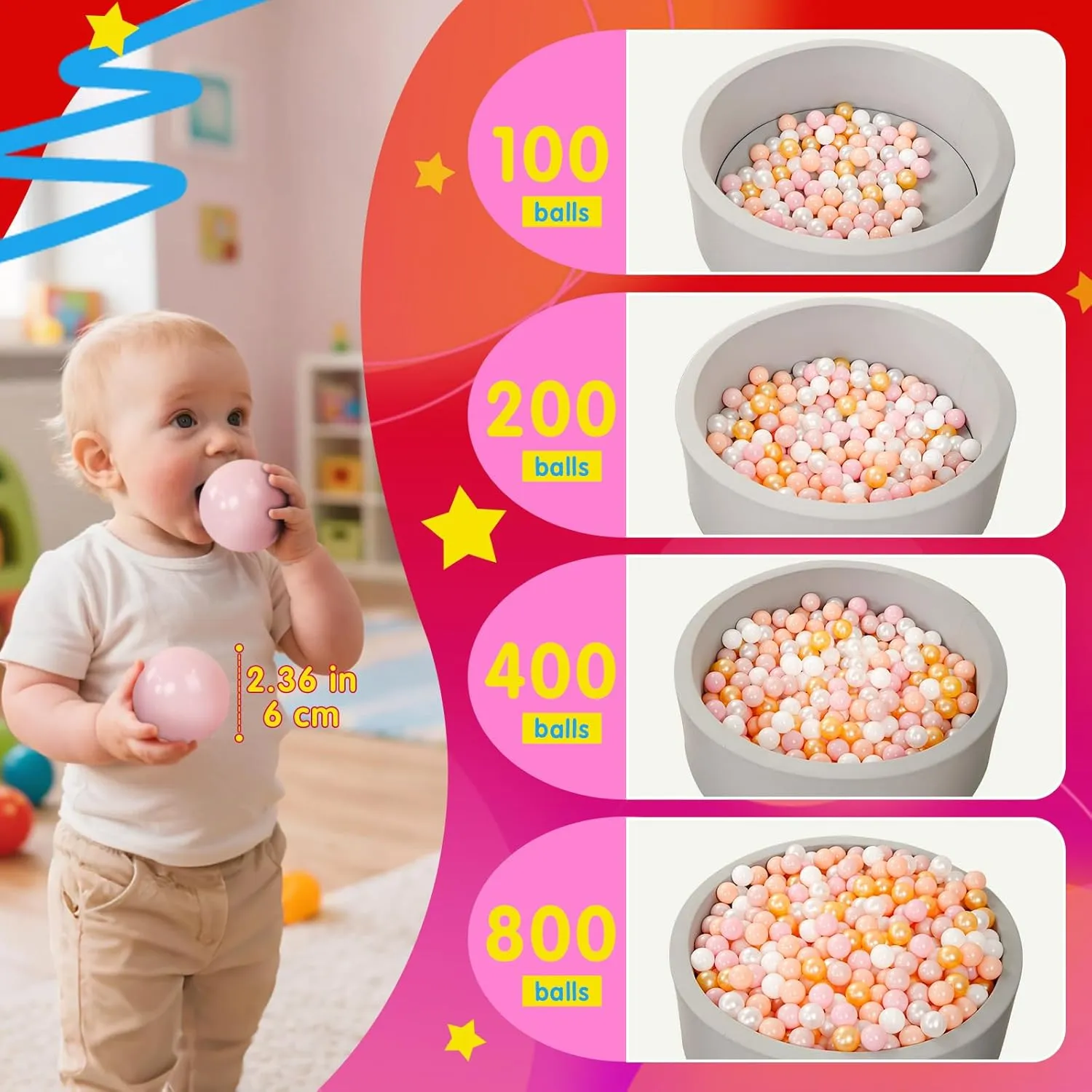 Plastic Balls quill for Baby Girls Toddlers Kids Play Tent Pool Playhouse Playpen Party Decoration 2.2 2.36 2.75 Inch Realhaha Ball Pit Balls 100 Play Balls 