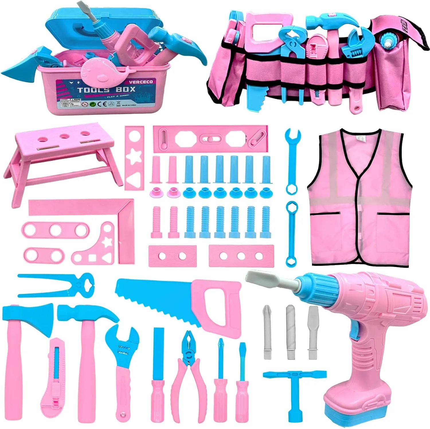 Play Tools Toy with Tool Belt Electronic Toy Drill Safety Vest Pretend Play Construction Toy for Girls Boys Ages 3 4 5 6 7 Years Old depth photosphere flood terrible Kids Tool Set 55Pcs Tool Box Toddler Tool Kit for Girls 