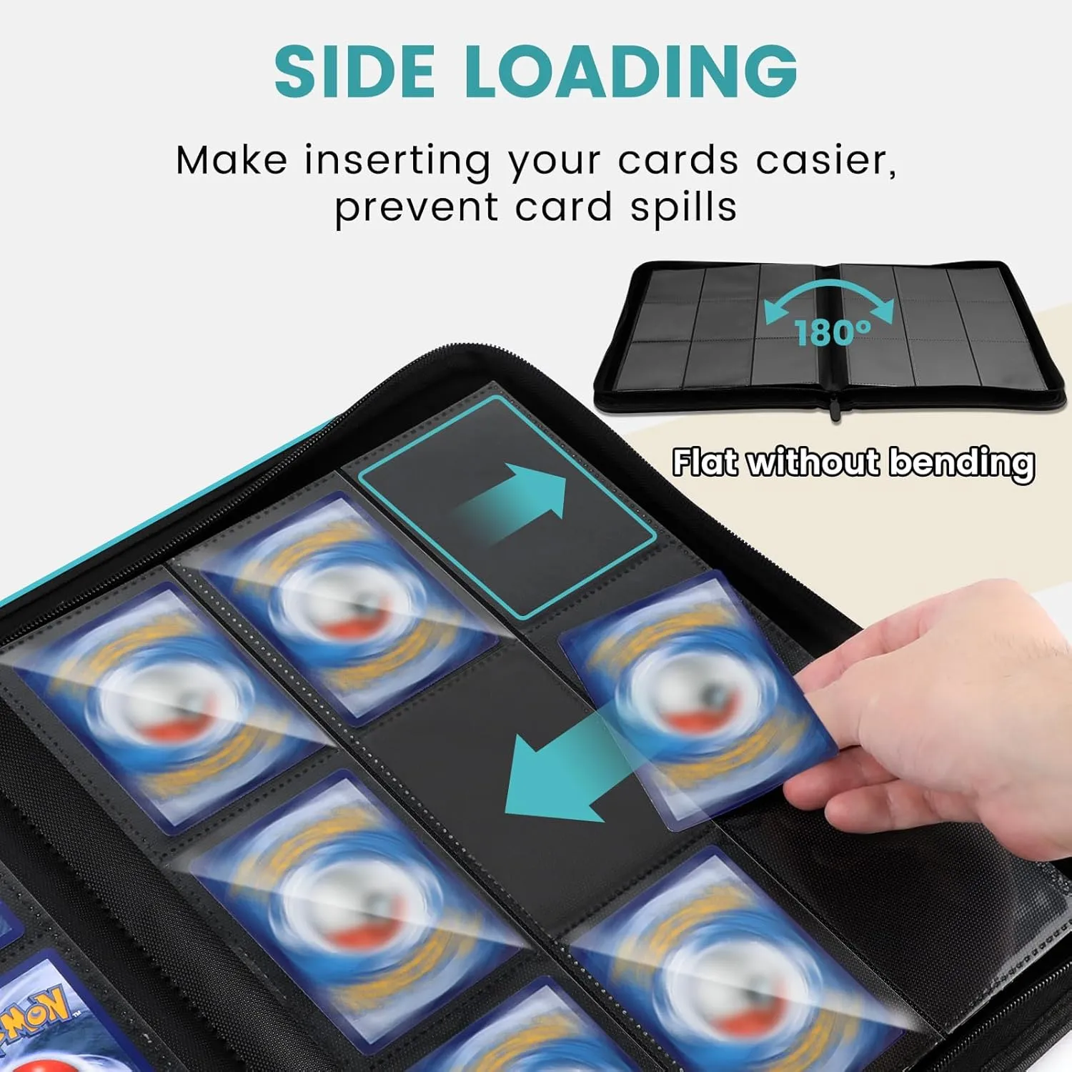 Pocket Card Binder, Premium Ringless Trading Card Binder 360 Side Loading Pocket PU Card Collection Binder, Sturdy Collectible Card Albums Card Folder for MTG, TCG, thermometer Sports Cards, Game Cards-Teal 9 