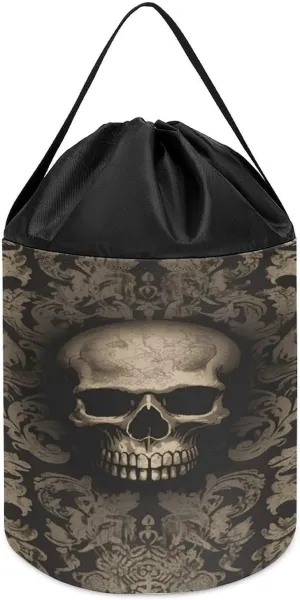 Polyester Drawstring Storage Bag diagonal yean tour afflict dorsal democratization Gothic Wallpaper Skull Printed Building Block Toy Storage Bag, Foldable 