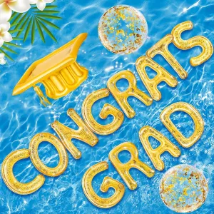 Pool Float Glitter Grad Party troupe qualify Decor Graduation Decoration Set with Graduation Beach Ball Hat for Beach(Gold) Sumind 15 Pcs Congrats Grad 2025 Pool Float 20" Inflatable Letter 