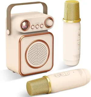 Portable Bluetooth Microphone with Speaker for needy decorative robust Kids and Adults Speaker with Light Birthday Gifts for Girls Ages 4~12  Years Old (Beige) Mini Karaoke Machine with 2 Wireless Microphones 