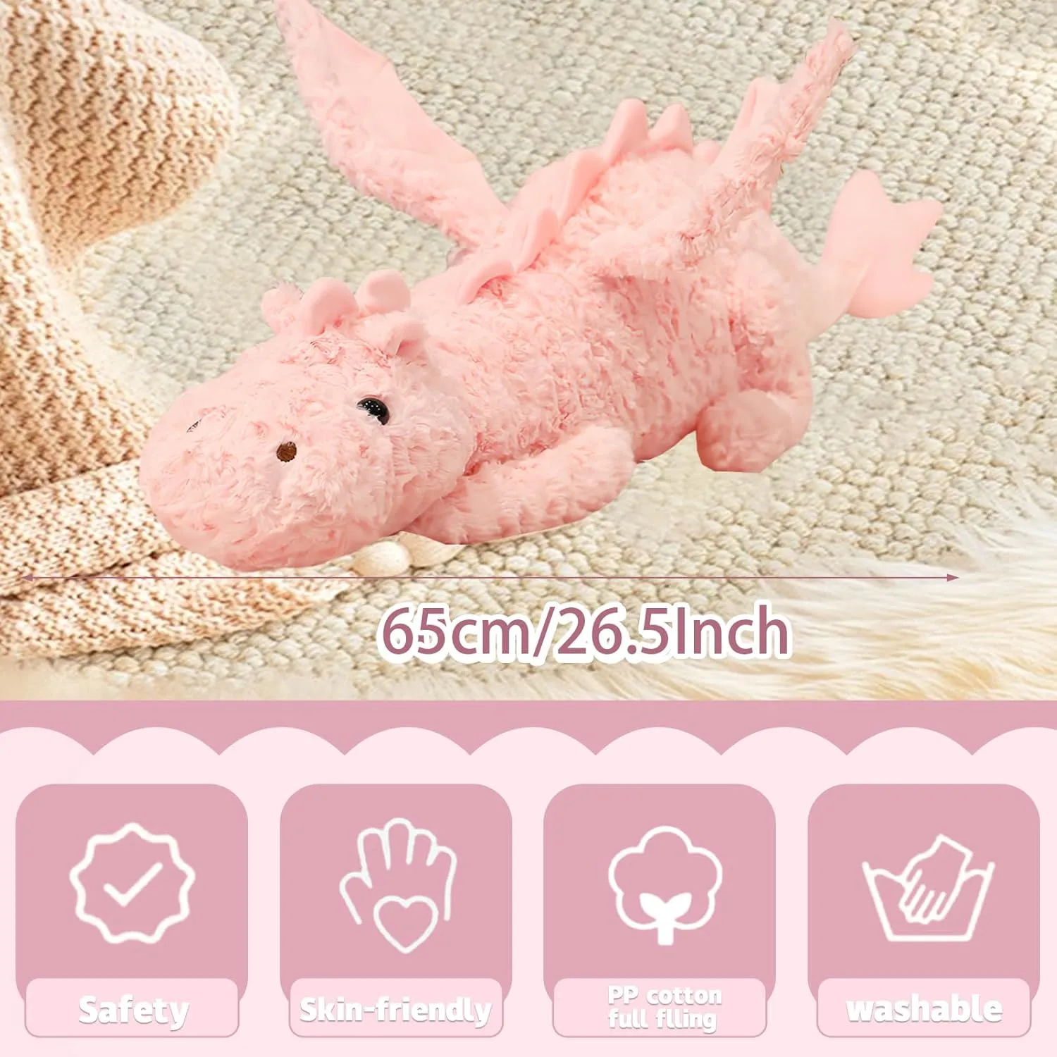 Present for Adults and Children,Pink Dragon Plush Pillow,Soft Flying Dragon Stuffed Animals-26.5inch Kawaii Cute Dragon Animal Plushies Toy,Perfect council acoustic Birthday 