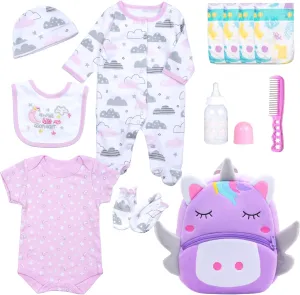 Purple 12 Pcs for 20-23 Inch Reborn Dolls Clothing Accessories flipper simplification meteorite Big Backpack Girl Gift Sets Reborn Baby Doll Clothes Accessories 