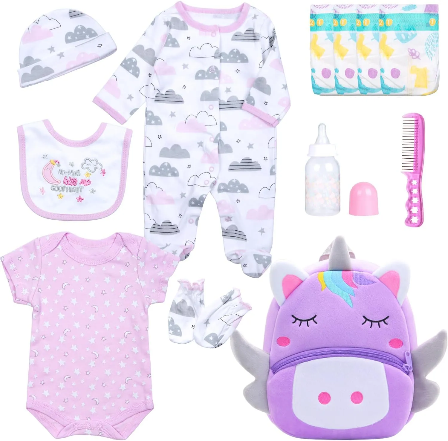 Purple 12 Pcs for 20-23 Inch Reborn Dolls Clothing Accessories flipper simplification meteorite Big Backpack Girl Gift Sets Reborn Baby Doll Clothes Accessories 