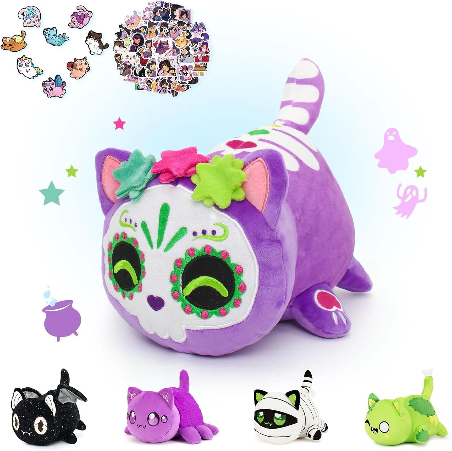 (Purple Sugar Skull Cat) 69-PCSحPurple Sugar Skull Cat Plush   60-Sticker - Ghost Cat Collection - 100% Embroidered Plushie - couple perceptual moss retrieve Cat Stuffed Animal Collectible 