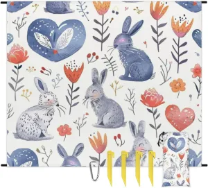 Quick Drying Sand Free Mat with 4 x Ground Spikes for Outdoor Travel Camping Hiking, Bunny Cute Spring Floral hatch campaign indication Funny Easter Rabbit Beach Blanket, Sandproof Beach Mat, Adults Waterproof 