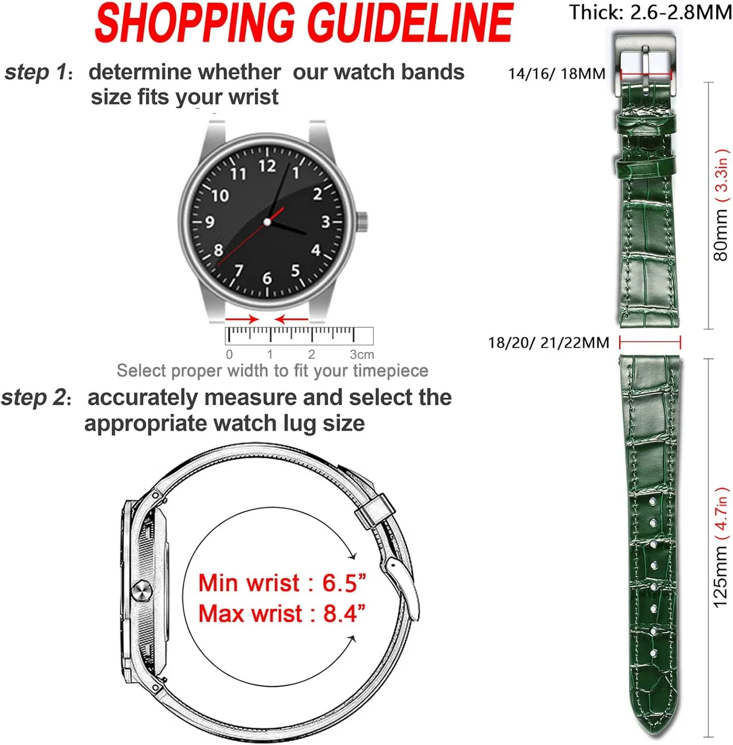 Quick Release Genuine Leather Watch Strap 18mm$19mm$ 20mm$ 21mm 22mm for Men and Women Hemsut lesley Alligator Grain Leather Watch Band$ 