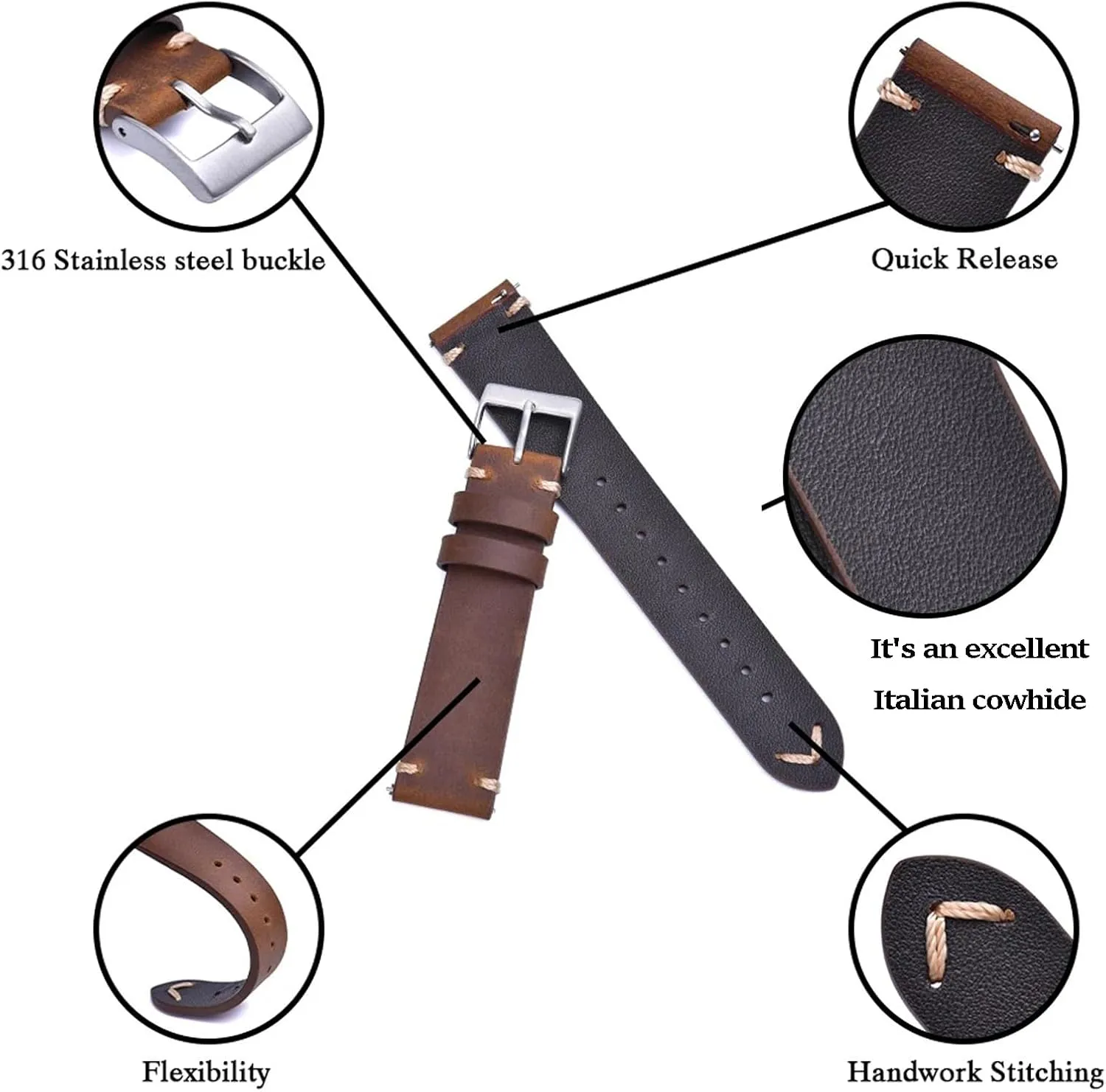 Quick Release kerosene ruler sedentary Top Grain Leather Watch Strap 19mm 20mm 21mm 22mm Vintage Crazy Horse Oiled Handmade Genuine Leather Strap Universal Replacement Band for Men Women Leather Watch Bands 