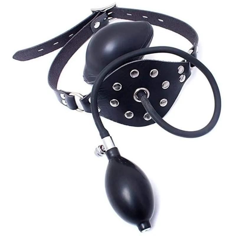 "Balloon" - Leather Latex Inflatable Gag Harness Oral Fixation Mouth Stuffed Mask Hood BDSM Restraints Bondage Toy