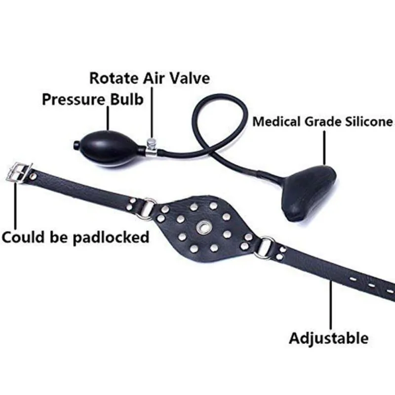 "Balloon" - Leather Latex Inflatable Gag Harness Oral Fixation Mouth Stuffed Mask Hood BDSM Restraints Bondage Toy