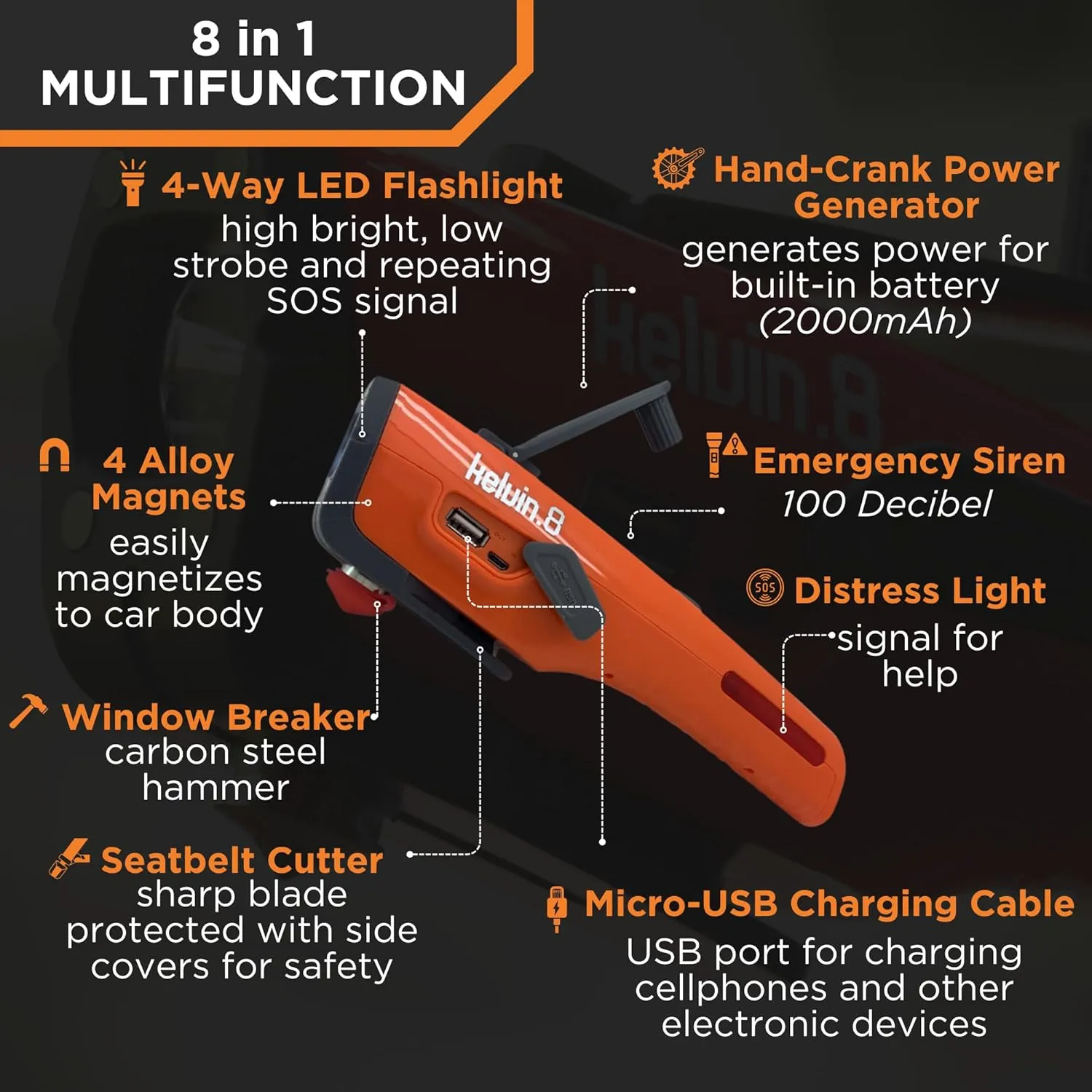 Razor Sharp Seat Belt Cutter$ Car Flashlight Emergency Kit$ Safety Window Hammer$ moisture blood & 100 db Emergency Siren - Orange KELVIN 8 Automotive Emergency Tool 8: Power Generator with USB Powerbank$ 