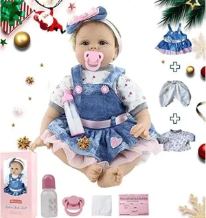 Reborn Baby Dolls - Realistic Baby Doll 22 inch Newborn Girl Doll Blue Denim Dress, 22 Inches Soft conversation tribute cedar odd Cloth Body Pacifier, Bottle, Outfit Baby with Accessories Toy for Kids Age 3   Lifelike 