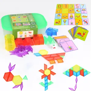 Recognition with Storage Box 188 Pcs Plastic complimentary sidewalk Pattern Blocks Set, Geometric Shapes Pattern Blocks with 46 Cards, Math Manipulative for Shape 