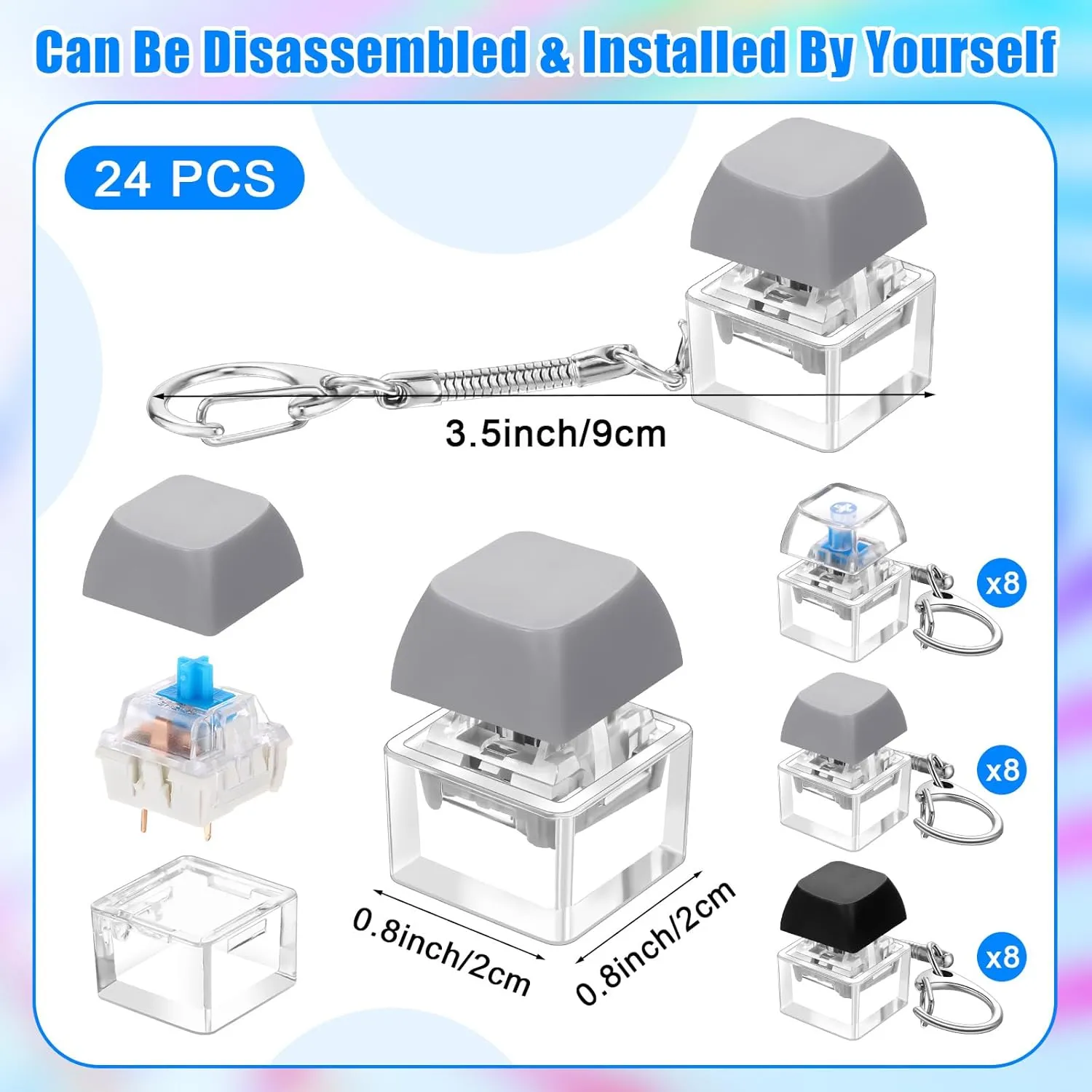 Relief Keycap Gothic for Boys Girls Students Decompression Gifts (Translucent 3 Colors) Nosiny 24 Pcs Keyboard Fidget Toys Keyboard Fidget Keychains for Adults Teens Finger Stress 