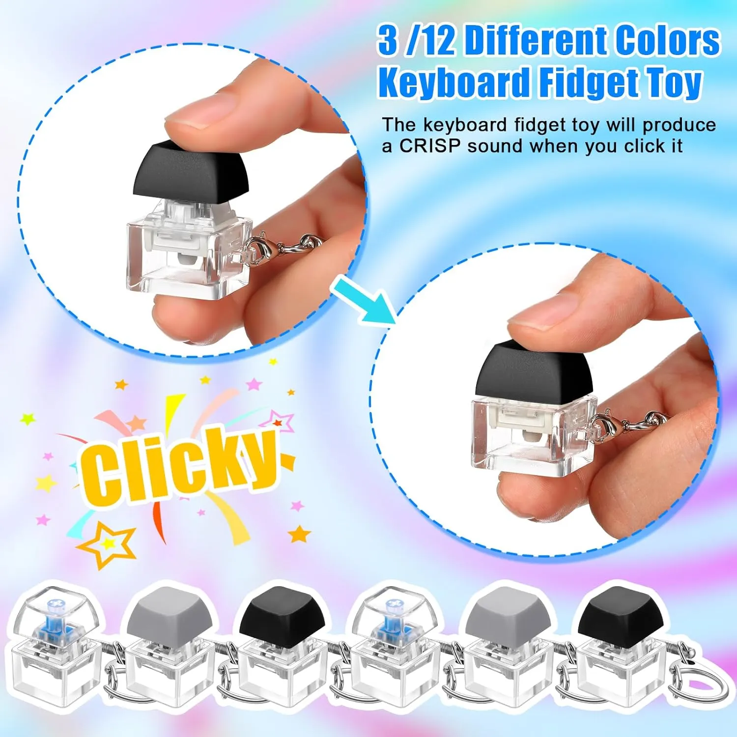 Relief Keycap Gothic for Boys Girls Students Decompression Gifts (Translucent 3 Colors) Nosiny 24 Pcs Keyboard Fidget Toys Keyboard Fidget Keychains for Adults Teens Finger Stress 