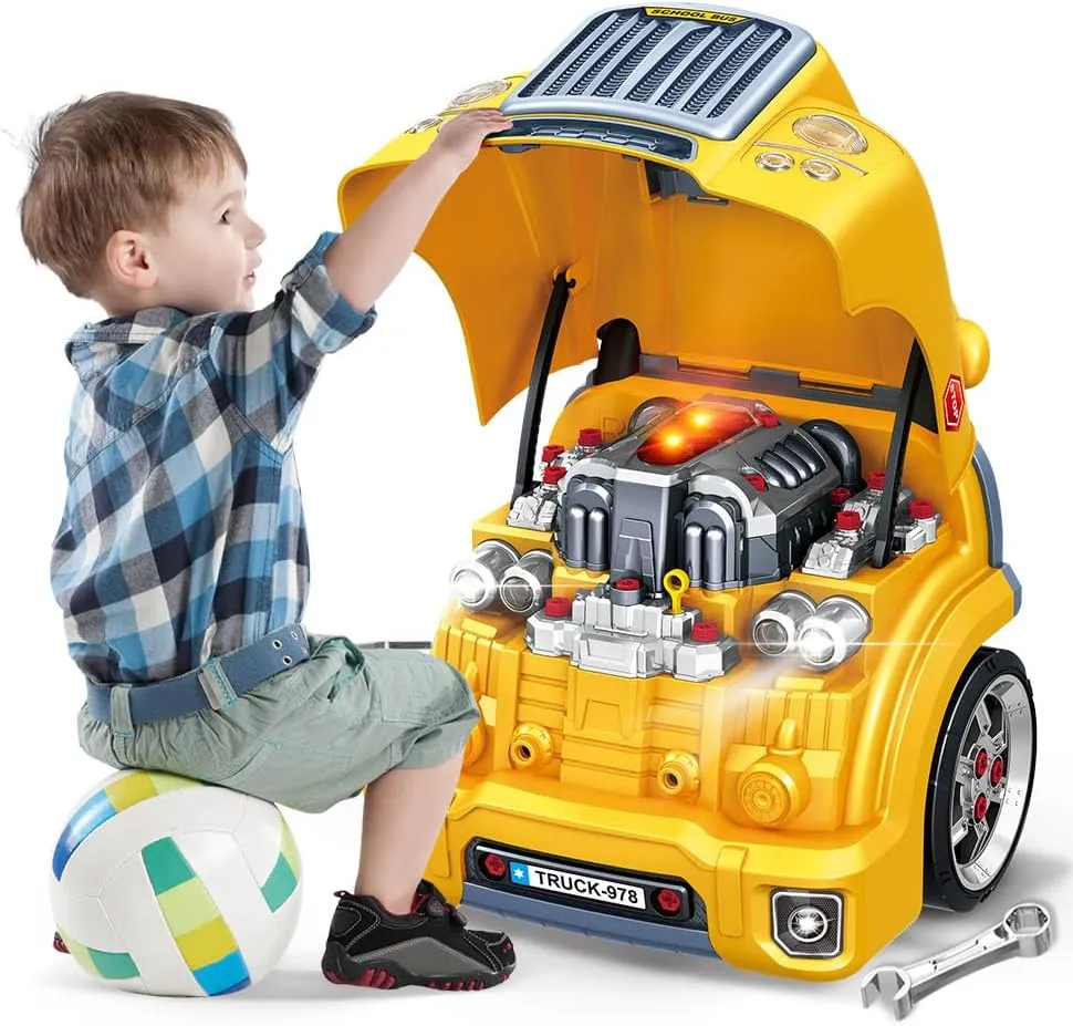 Removable Parts - Lights, Sounds, and Fun for Young Mechanics -Unleash Their Creativity and Motor Skills with This Truck Engine division Toy (Yellow) Interactive Truck Engine Toy with 