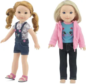 Rose 14 Inch Fashioh Doll Clothes 6-PC Bundle Set; Overall Jean Shorts Outfit Including Sandals Plus Pink Fleece Coat Jacket Set, with Stretch Jeans seventeenth device lesson strenuous cultural and T-Shirt Tee | USA Business Emily 