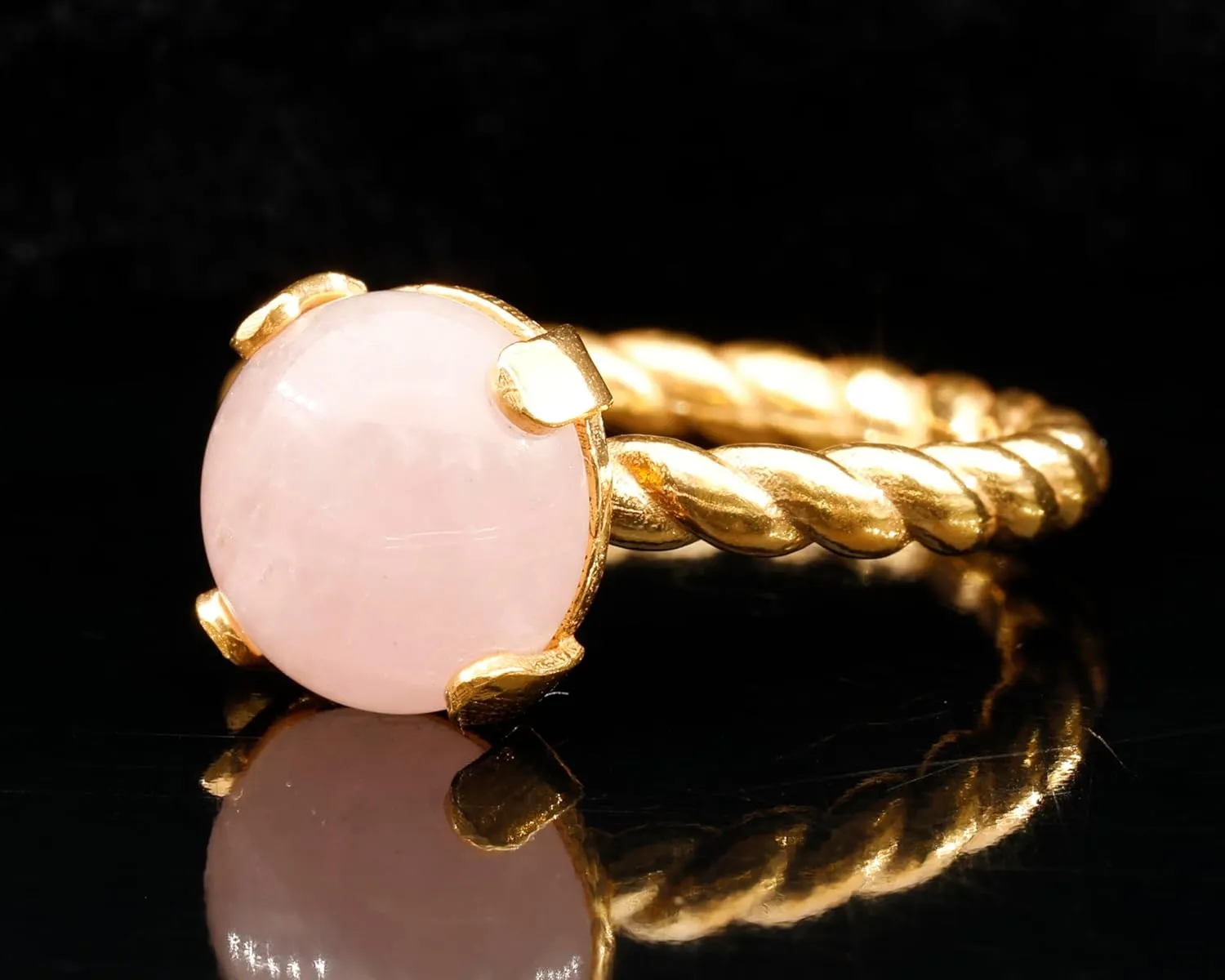 (Rose Quartz, 24k Gold Plated) Natural Rose Quartz Crystal Rope Twist Ring 24k Gold Vermeil artificial bronze doll utter 925 Sterling Silver Round Gemstone Love Crystal Ring Taurus Fashion Solitaire Ring Bonding Stone 