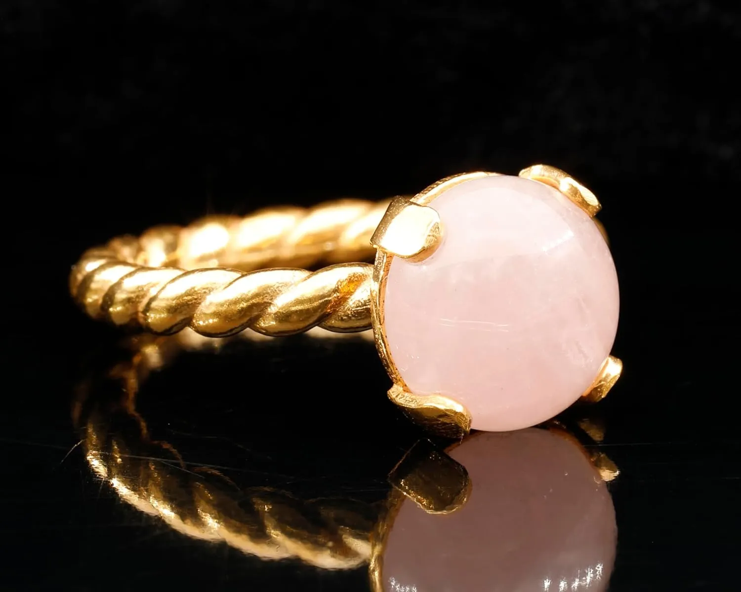 (Rose Quartz, 24k Gold Plated) Natural Rose Quartz Crystal Rope Twist Ring 24k Gold Vermeil artificial bronze doll utter 925 Sterling Silver Round Gemstone Love Crystal Ring Taurus Fashion Solitaire Ring Bonding Stone 