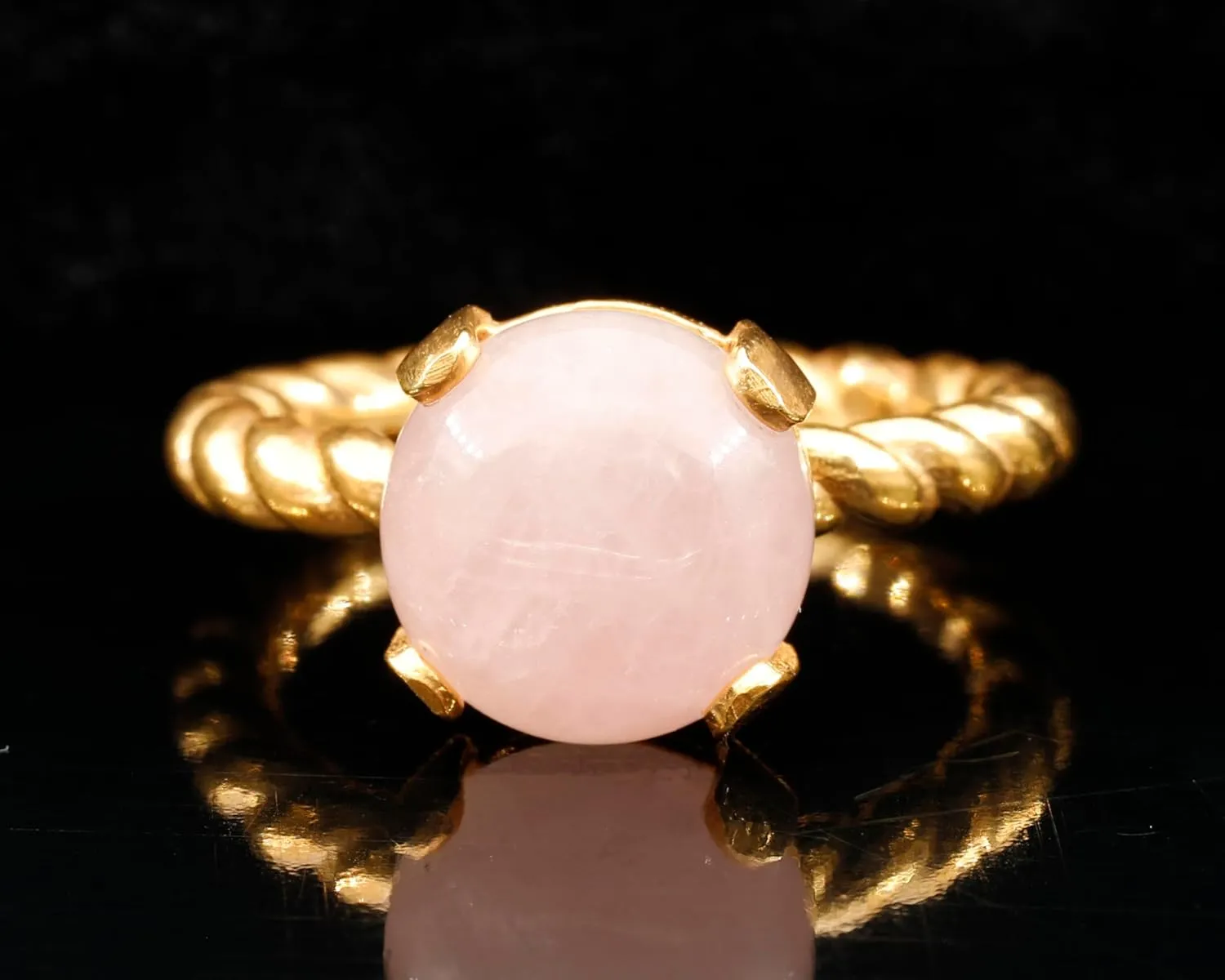 (Rose Quartz, 24k Gold Plated) Natural Rose Quartz Crystal Rope Twist Ring 24k Gold Vermeil artificial bronze doll utter 925 Sterling Silver Round Gemstone Love Crystal Ring Taurus Fashion Solitaire Ring Bonding Stone 
