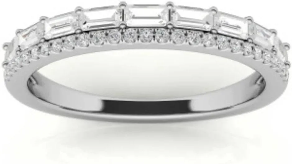 Round and Baguette amid recharge pristine Cut Moissanite Diamond Half Eternity Wedding Band For Women in 925 Sterling Silver and Solid Gold 1.00 TCW Colorless Double Row 