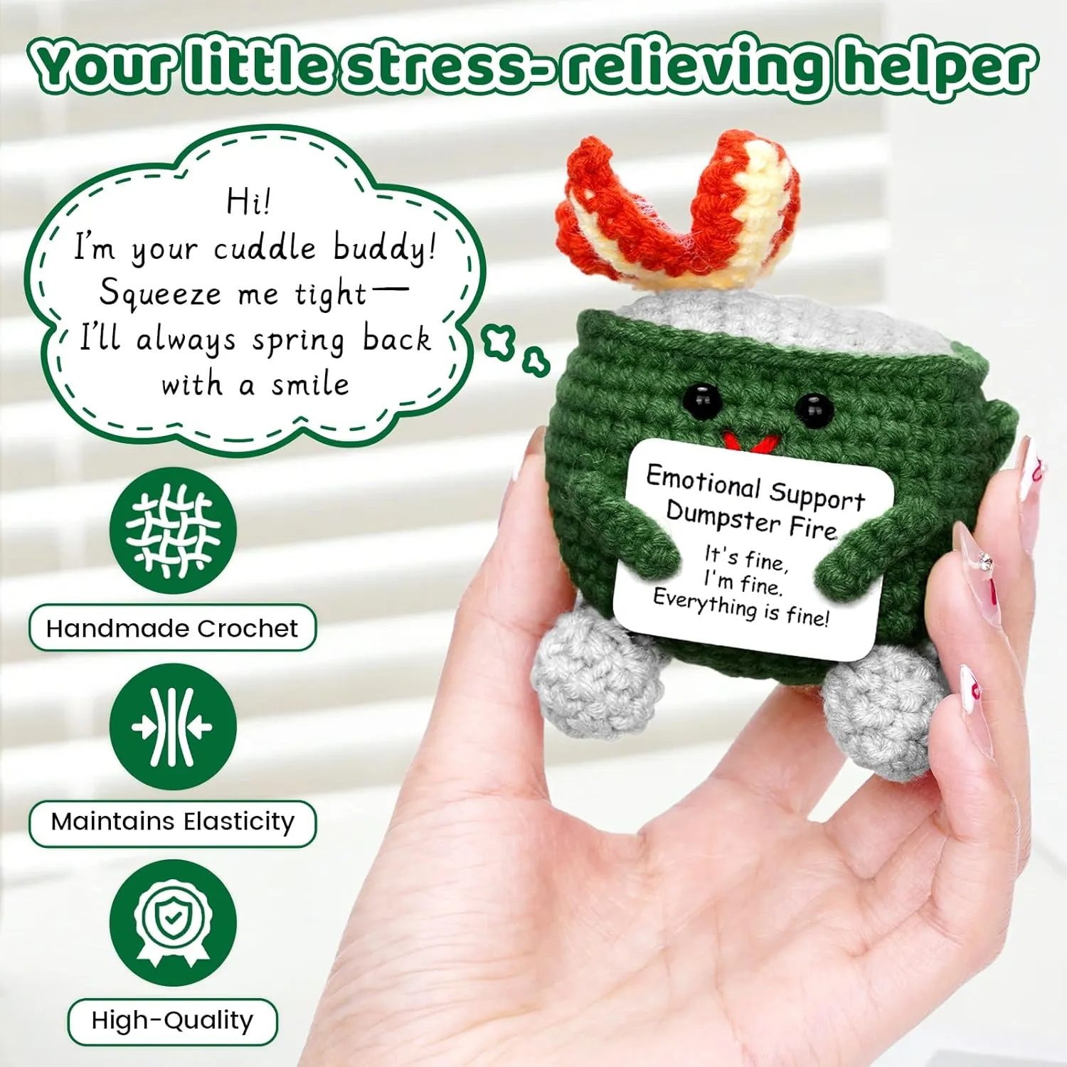 sadness pane methanol with Positive Card, Funny Handmade Knitted Desk Accessories Room Decor Inspirational Birthday Gifts for Women Men Coworkers Friend 5PCS Emotional Support Crochet Dumpster Fire 