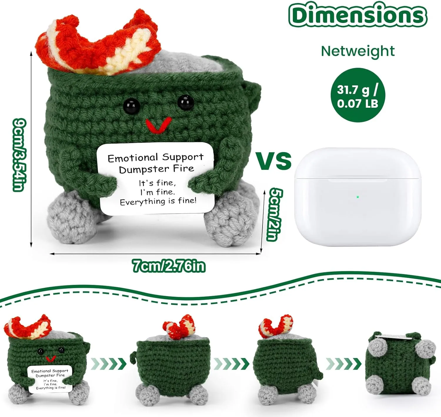 sadness pane methanol with Positive Card, Funny Handmade Knitted Desk Accessories Room Decor Inspirational Birthday Gifts for Women Men Coworkers Friend 5PCS Emotional Support Crochet Dumpster Fire 