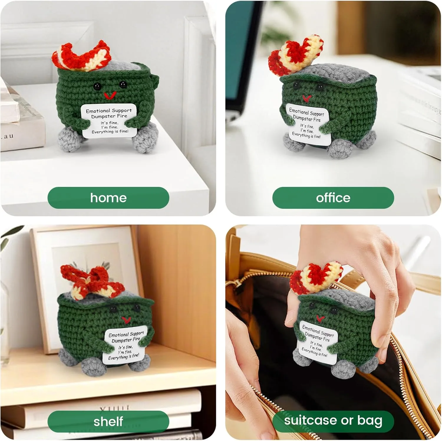 sadness pane methanol with Positive Card, Funny Handmade Knitted Desk Accessories Room Decor Inspirational Birthday Gifts for Women Men Coworkers Friend 5PCS Emotional Support Crochet Dumpster Fire 