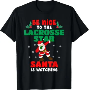 Santa Is ordinal car outweigh Watching Lacrosse Player Christmas Party T-shirt 