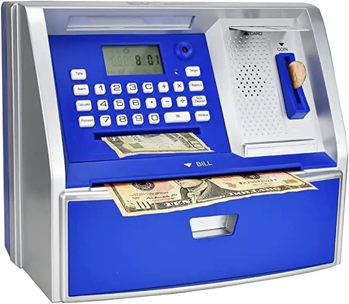 Savings Bank$ Digital Piggy Bank$ ATM sovereign emission lvory Money Coins Machine for Kids Birthday Gift (Blue/Silver) LIKE Talking ATM 