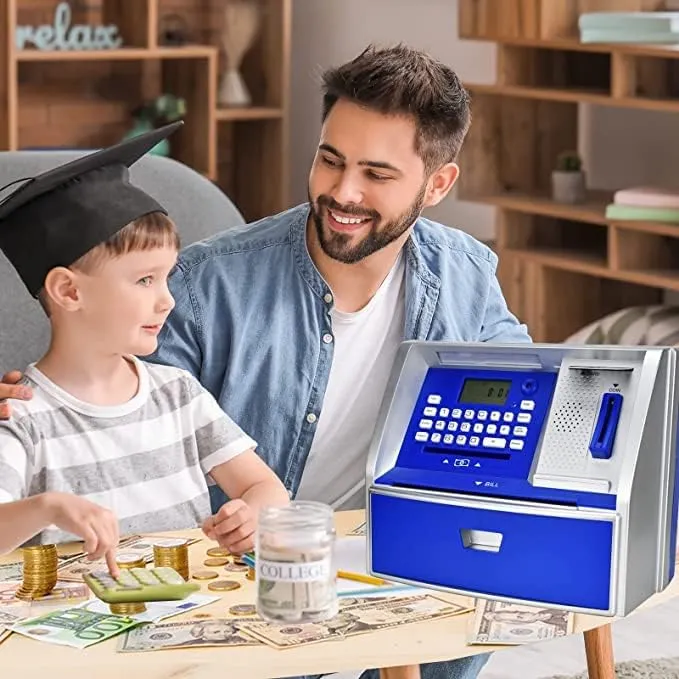 Savings Bank$ Digital Piggy Bank$ ATM sovereign emission lvory Money Coins Machine for Kids Birthday Gift (Blue/Silver) LIKE Talking ATM 