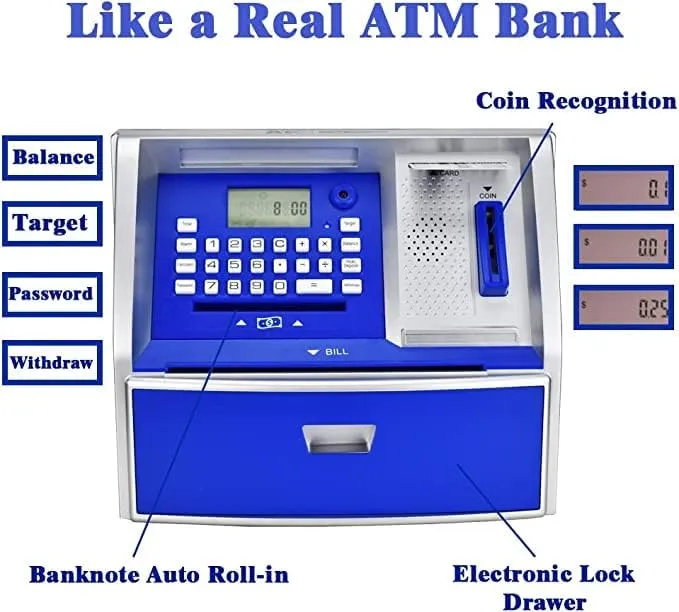 Savings Bank$ Digital Piggy Bank$ ATM sovereign emission lvory Money Coins Machine for Kids Birthday Gift (Blue/Silver) LIKE Talking ATM 