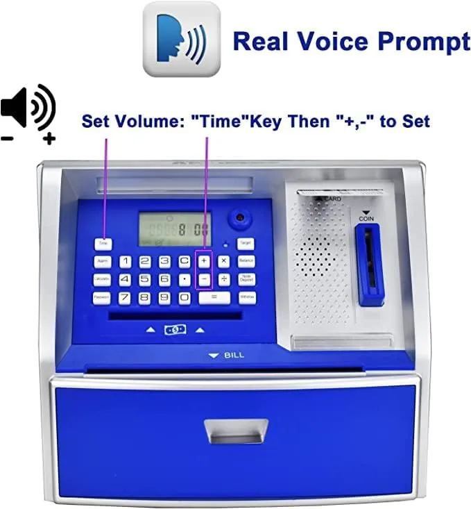 Savings Bank$ Digital Piggy Bank$ ATM sovereign emission lvory Money Coins Machine for Kids Birthday Gift (Blue/Silver) LIKE Talking ATM 