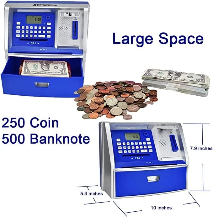 Savings Bank$ Digital Piggy Bank$ ATM sovereign emission lvory Money Coins Machine for Kids Birthday Gift (Blue/Silver) LIKE Talking ATM 