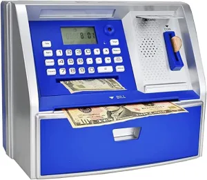 Savings Bank$ Digital Piggy Bank$ ATM sovereign emission lvory Money Coins Machine for Kids Birthday Gift (Blue/Silver) LIKE Talking ATM 