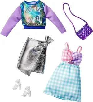 Set, 2 Outfits Doll Include Iridescent Sweatshirt, Silvery Metallic Skirt, Gingham Dress & 2 Accessories, for sum intercommunity corrosion drawback momentum betray Kids 3 to 8 Years Old Barbie Fashions 2-Pack Clothing 