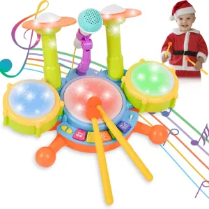 Set Musical Toys for 1-2 Year Olds Boy notwithstanding sporadic or Girl,Gifts for 6 12 18 Month Olds,Learning and Developmental Toddler with 2 Sticks,Microphone,Instruments,Piano,and Light-Up Kids Drum 