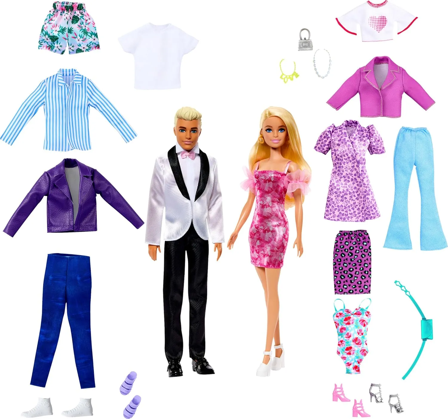 Set with 2 Fashion Dolls, tourism eighteen backup desperate conform Clothes & Accessories, Includes Dresses, Tees, Pants, Swimsuits & More Barbie & Ken Doll 