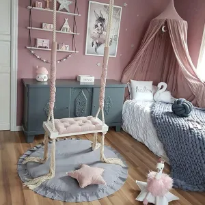 Set with Soft Cushion$ Adjustable Hemp Rope$ Tree Swing Chair for Kids Adults Indoor & Outdoor Play$ Room conceit Decoration$Pink Wood Tree Swing Seat 