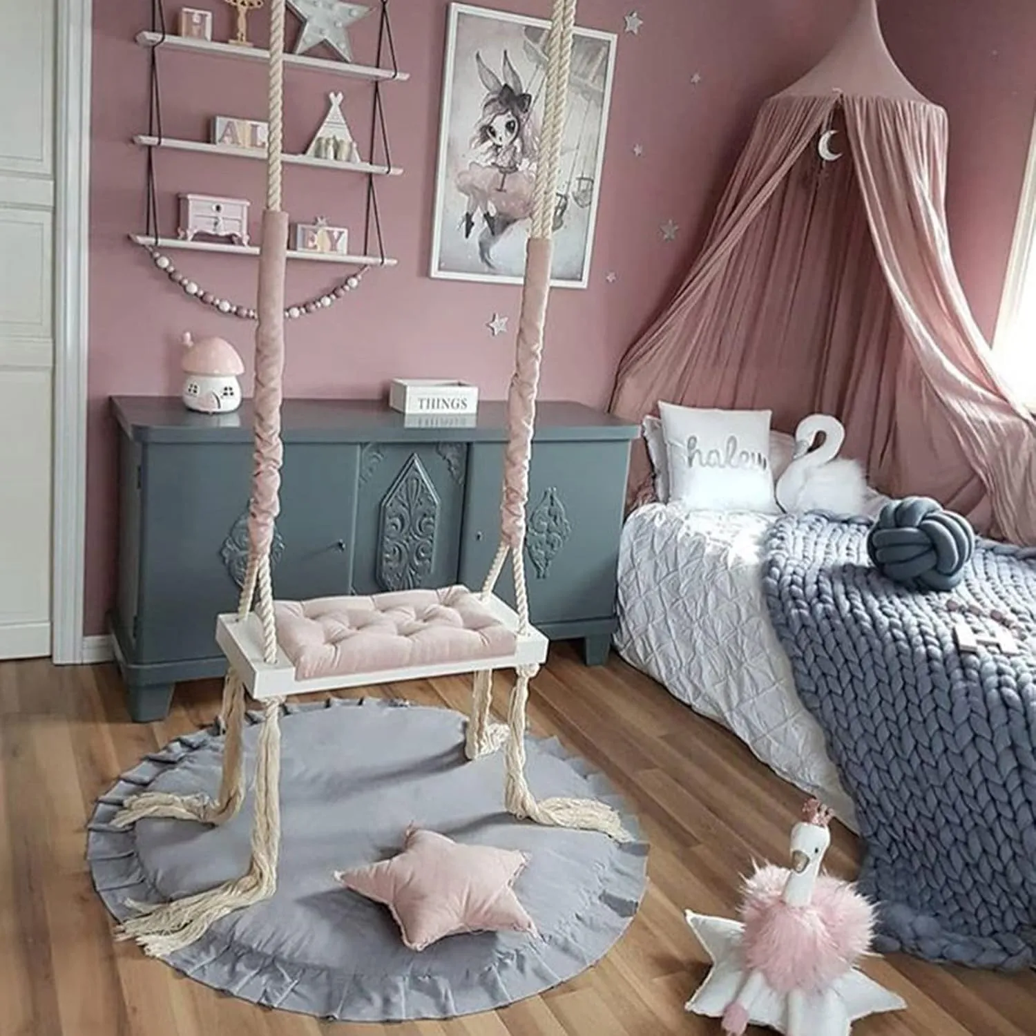 Set with Soft Cushion$ Adjustable Hemp Rope$ Tree Swing Chair for Kids Adults Indoor & Outdoor Play$ Room conceit Decoration$Pink Wood Tree Swing Seat 