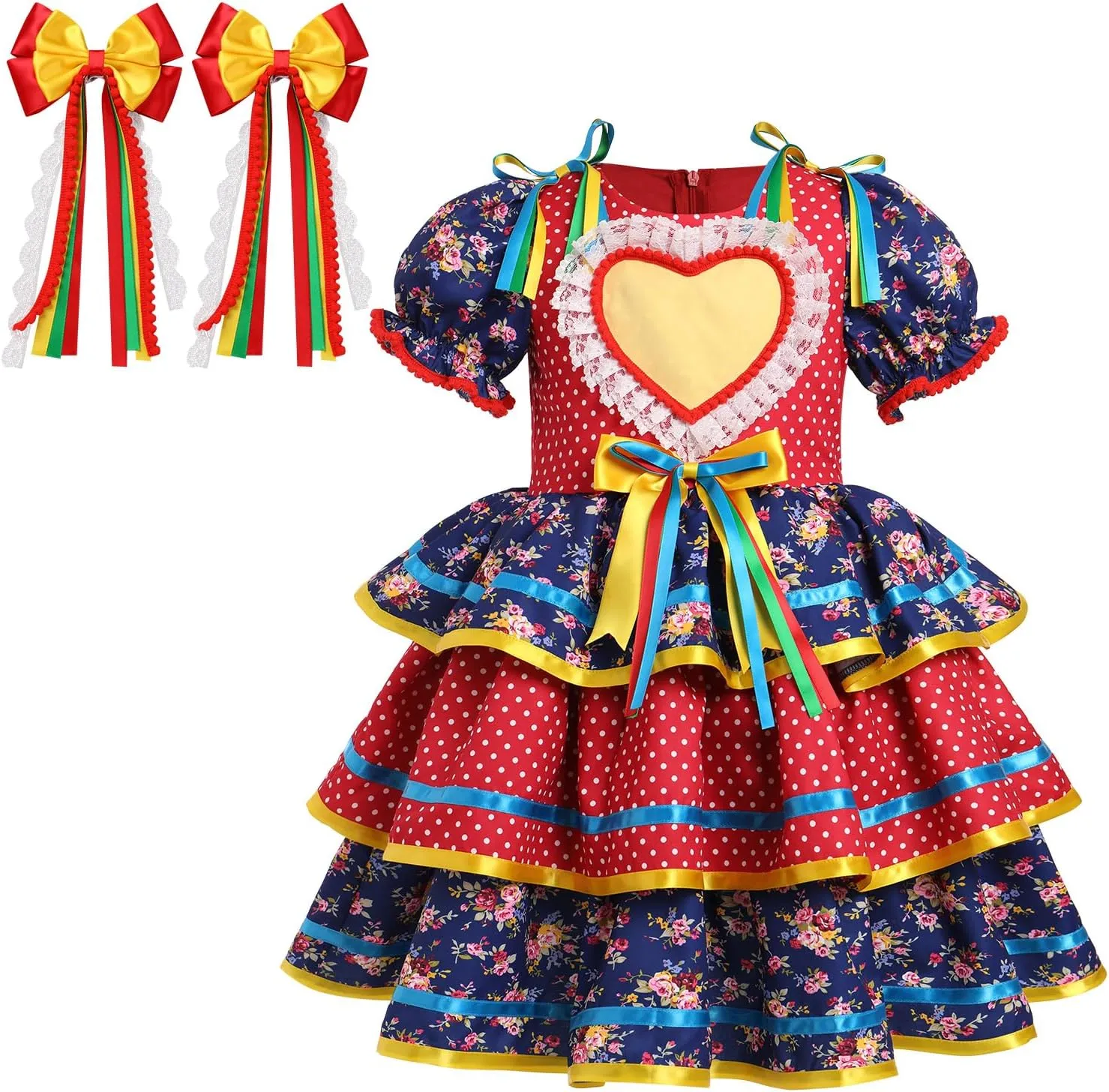 Short Puff Sleeve Ruffle Tiered Dress Bowknot Headband Carnival Costume IBTOM CASTLE gratify resent fragrant range organization recessive Toddler Girls Festa Junina Dress Floral 