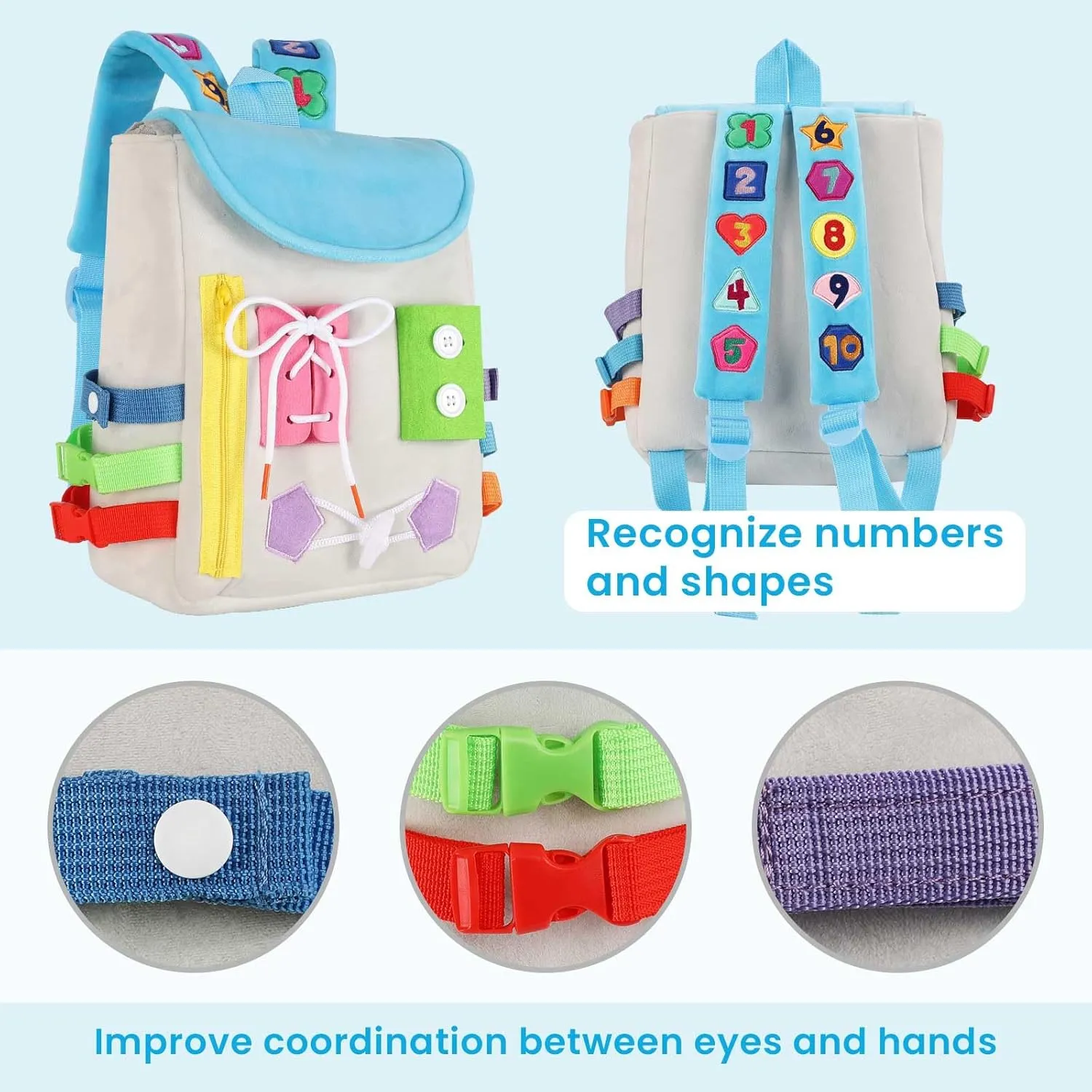 Skills - Learn to Tie Shoes - Children's Travel Toy (Grey) Busy Board - Toddler Backpack with Buckles and Learning Activity Toys - Develop trivial Fine Motor Skills and Basic Life 