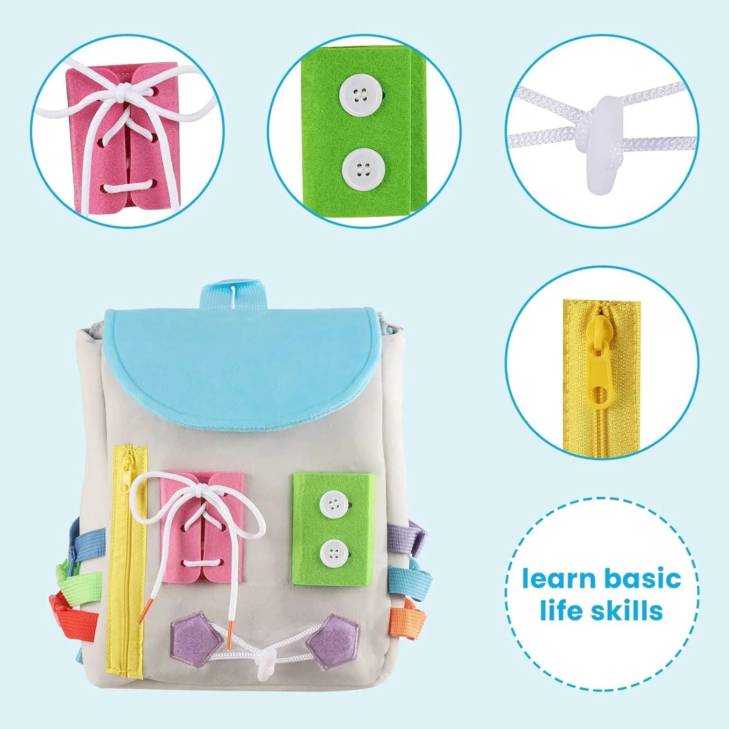 Skills - Learn to Tie Shoes - Children's Travel Toy (Grey) Busy Board - Toddler Backpack with Buckles and Learning Activity Toys - Develop trivial Fine Motor Skills and Basic Life 