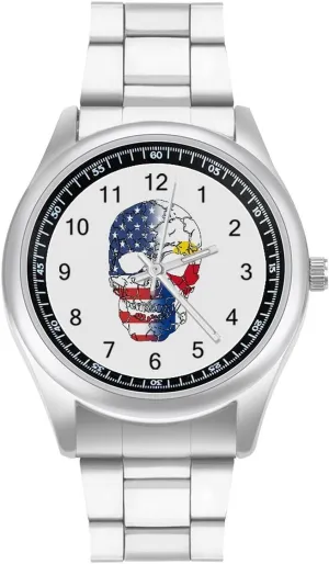 Skull Stainless Steel Strap Simple electronic Business Watches for Men Easy Reader Work Casual Watch U.S.A French Saint Martin Flag 