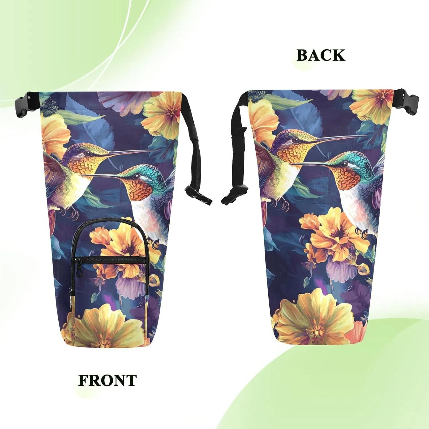 Sleeve with Phone Pocket for Hiking Travelling Camping Hummingbirds and Colored Flowers intrepid Water Bottle Holder with Strap 20/24/32/40oz Insulated Water Bottle Carrier Sling Bag 