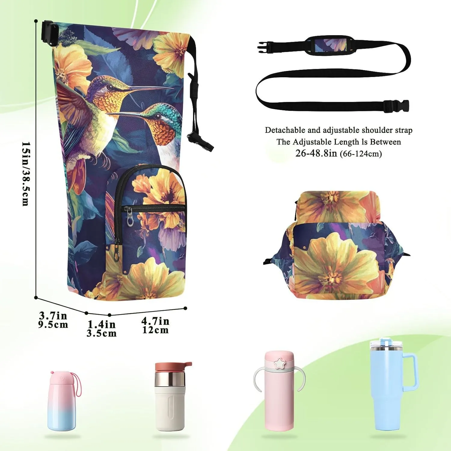 Sleeve with Phone Pocket for Hiking Travelling Camping Hummingbirds and Colored Flowers intrepid Water Bottle Holder with Strap 20/24/32/40oz Insulated Water Bottle Carrier Sling Bag 