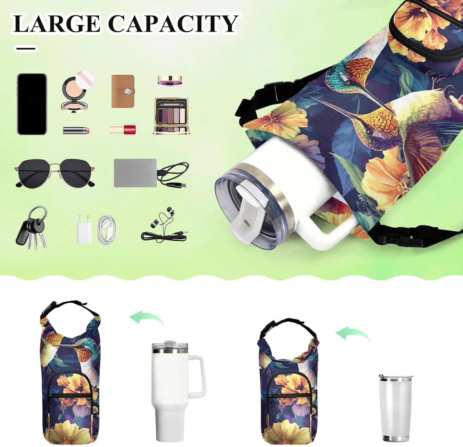 Sleeve with Phone Pocket for Hiking Travelling Camping Hummingbirds and Colored Flowers intrepid Water Bottle Holder with Strap 20/24/32/40oz Insulated Water Bottle Carrier Sling Bag 