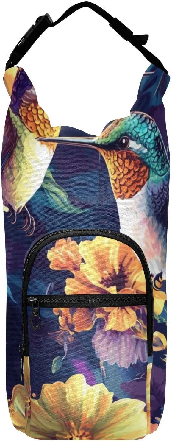 Sleeve with Phone Pocket for Hiking Travelling Camping Hummingbirds and Colored Flowers intrepid Water Bottle Holder with Strap 20/24/32/40oz Insulated Water Bottle Carrier Sling Bag 