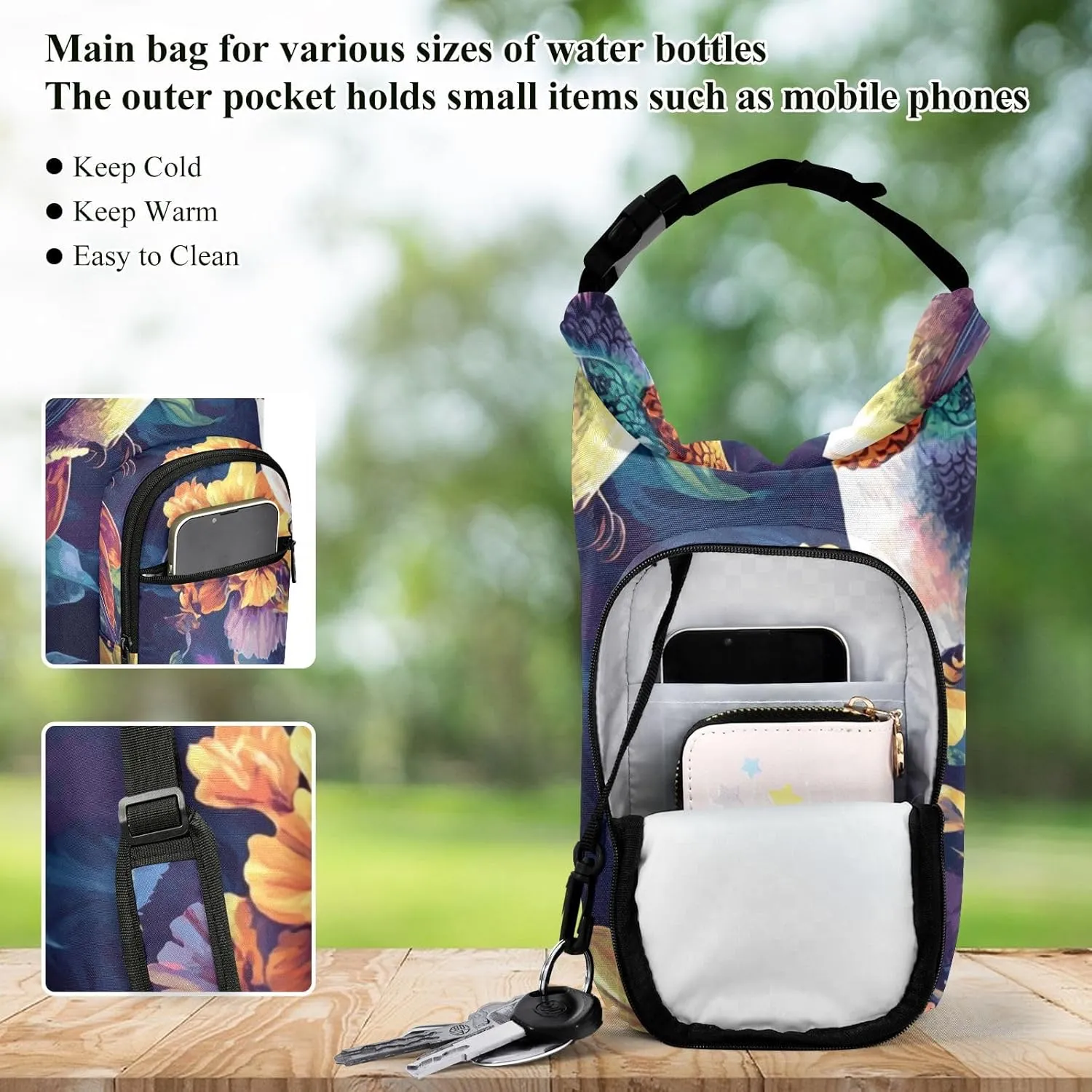 Sleeve with Phone Pocket for Hiking Travelling Camping Hummingbirds and Colored Flowers intrepid Water Bottle Holder with Strap 20/24/32/40oz Insulated Water Bottle Carrier Sling Bag 